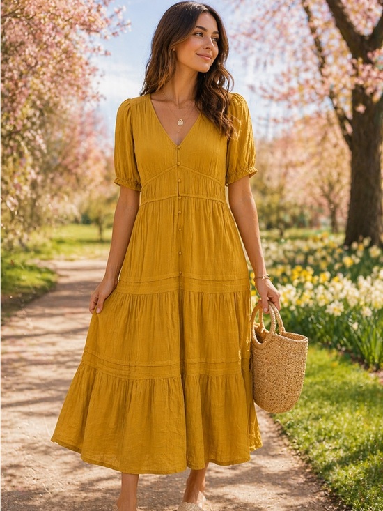 Lucky Brand Dresses & Skirts - Lucky Brand Mustard Yellow Gauze Cotton Button Down Tiered Maxi Dress